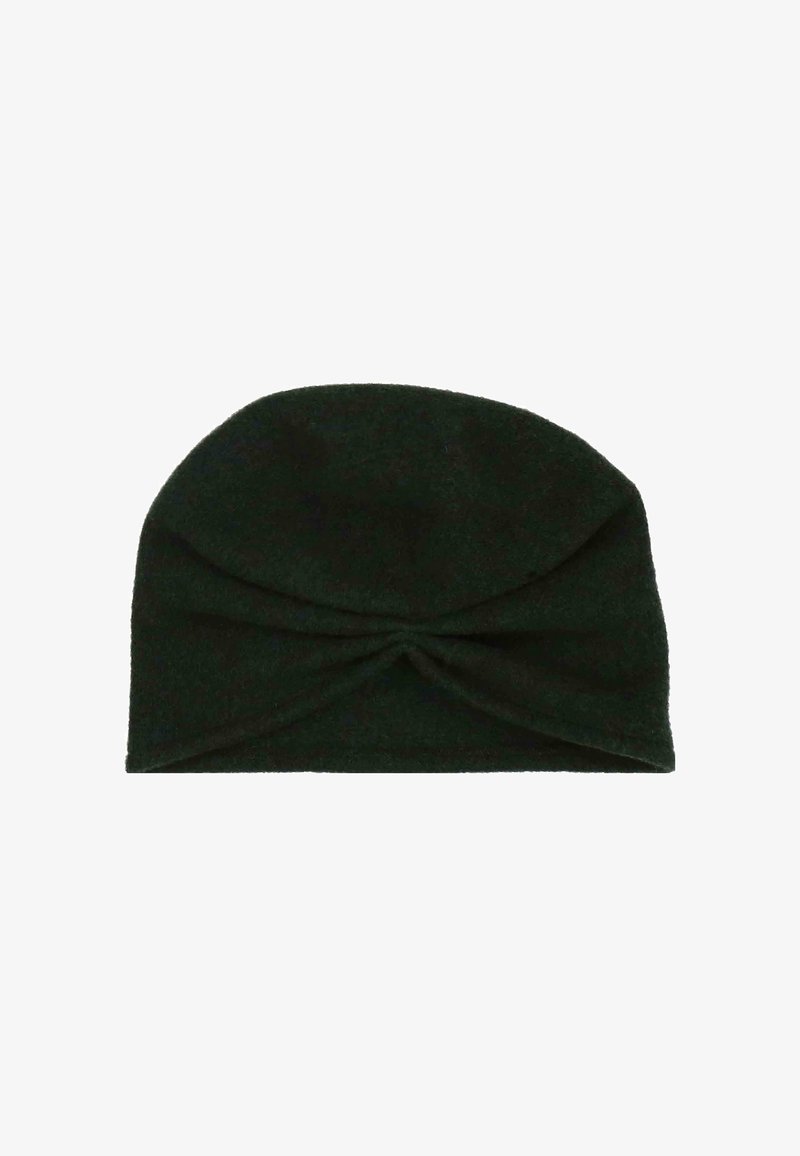 Berretto in maglia verde scuro con una texture morbida. Presenta un design attorcigliato sul davanti e una parte superiore arrotondata. Adatto per essere indossato in climi freddi.