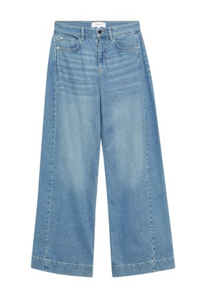 Jeans in denim azzurro chiaro a gamba larga con tasche frontali, passanti per cintura, chiusura con bottone e leggera scoloritura su cosce e ginocchia.