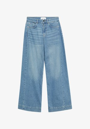 Weit geschnittene hellblaue Jeans mit Fronttaschen, Gürtelschlaufen, Knopfverschluss und dezentem Verblassen an Oberschenkeln und Knien.