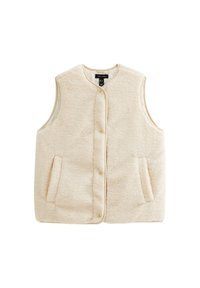 Cream-colored, sleeveless, button-front fleece vest with two front pockets and a round neckline, displayed on a white background.
