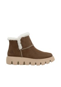 Stivaletti alla caviglia in suede marrone con un colletto in pelliccia sintetica bianca, caratterizzati da una suola chunky beige e cuciture decorative lungo il lato.