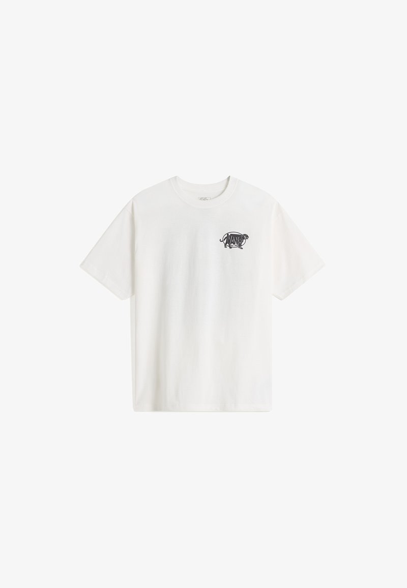 T-shirt blanc à manches courtes et col rond avec un petit logo Vans noir à l'intérieur d'un graphique stylisé de cochon sur le côté gauche de la poitrine.