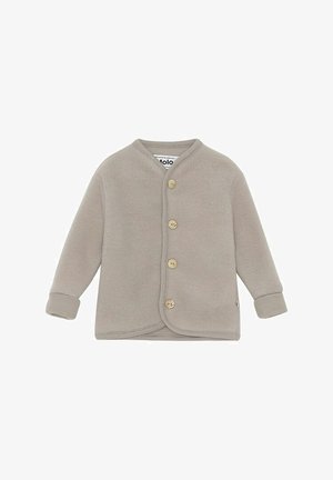 Lyse beige fleecetrøje med V-hals, lange ærmer og fem træknapper foran. Ribstrikkede manchetter og kant. Blød tekstur.