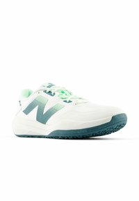 White athletic shoe with light teal accents, breathable mesh upper, textured sole, and prominent logo design. Features a lace-up closure.