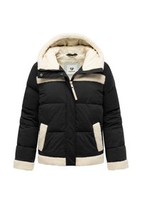 Svart puffjacka med beige sherpa-foder på huva, ärmar, fickor och nederkant, med dragkedja fram och tryckknappslås.