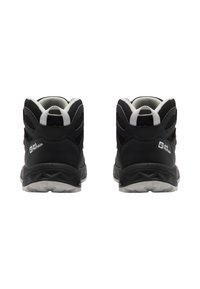 Black hiking shoes with a high-top design, featuring mesh panels, a textured heel, and gray rubber soles with a grip pattern.