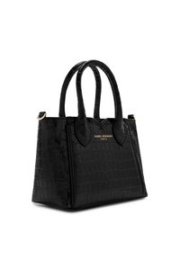 Zwarte handtas met krokodillenprint, voorzien van twee stevige handvatten, een gestructureerde silhoët en een gouden logo-accent op de voorkant.