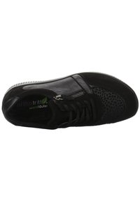 Black sneaker with textured suede and smooth leather, featuring a zip closure, lace-up design, and patterned accents on the side.