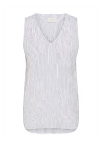 Blouse sans manches blanche avec de fines rayures verticales grises, dotée d'un décolleté en V, d'une poche avant et d'une base arrondie. Fabriquée en tissu léger.