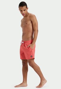 Κόκκινα μαγιό με μοτίβο, με ρυθμιζόμενη ζώνη και πλευρικές τσέπες. Το υλικό φαίνεται ελαφρύ και διαθέτει μια μικρή ετικέτα λογότυπου.