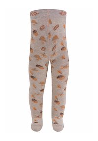 Beżowe rajstopy bawełniane z nadrukiem brązowych grzybów i pomarańczowych liści, z dopasowaną talią i bezszwowym designem.