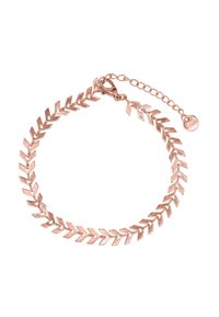 Roségouden armband met een zigzag-bladpatroon, voorzien van een kreeftsluiting en een verstelbare ketting. Gladde metaltexture met een glanzende afwerking.