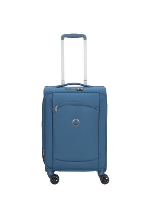 Blue wheeled suitcase made of textured fabric with a front zipper pocket, top handle, and a retractable handle, featuring four black wheels.