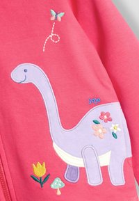 Rózsaszín pulóver, amelyen lila dinoszaurusz hímzés látható virágokkal, egy pillangóval és a "Jojo" nevű felirattal kék színben. Puha szövet textúra.