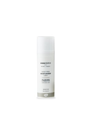 White cylindrical bottle labeled "Green People Scent-Free Moisturiser Light" with a pump dispenser, featuring minimalist black text and green accents.