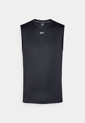Camiseta atlética sin mangas negra hecha de una suave tela que favorece la transpiración. Presenta un escote redondo y un logotipo sutil en el pecho.
