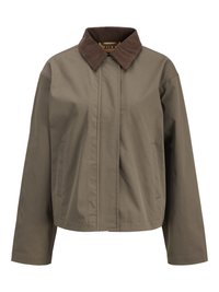 Brun kordfløyelskrage over en khaki jakke. Har rette snitt, to sidelommer og en jevn tekstur. Frontlukking er skjult.