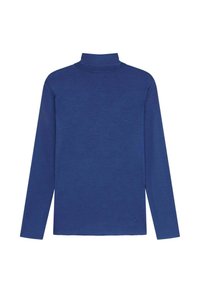 Blaues Langarm-Turtleneck-Oberteil aus weichem Stoff. Hat eine schmale Passform und eine glatte Textur. Keine sichtbaren Muster oder Hardwaredetails.