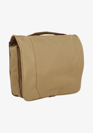 Bež torba za messenger iz tkanine z zapiranjem na preklop, ojačanim šivom in embosiranim logotipom "Brandit" spredaj. Ima zgornji ročaj.