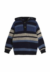 Felpa con cappuccio caratterizzata da righe orizzontali in blu scuro, azzurro e grigio, con polsini a coste e una pattina con tre bottoni al collo.