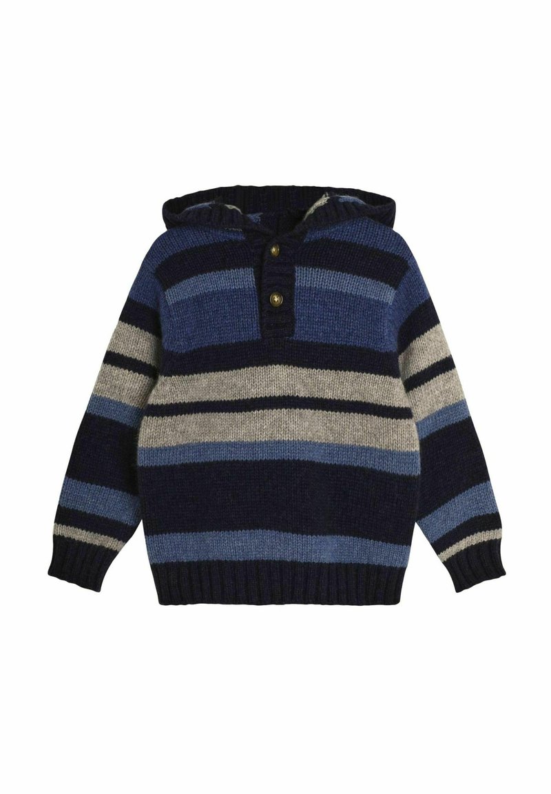 Felpa con cappuccio caratterizzata da righe orizzontali in blu scuro, azzurro e grigio, con polsini a coste e una pattina con tre bottoni al collo.