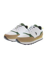 Bílozelené sportovní boty s akcenty z usně. Mají šněrovací design, černé podšívky a žlutý pásek na patě.