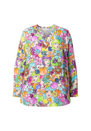 Colorful long-sleeve blouse featuring a vibrant floral and face print in hues of pink, green, blue, and orange; V-neck design.