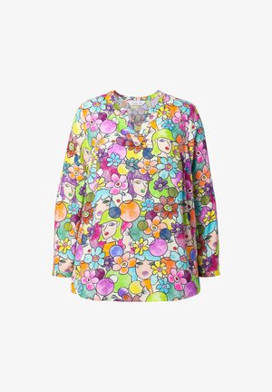 Kleurige blouse met lange mouwen, met een levendige bloemen- en gezichtenprint in tinten van roze, groen, blauw en oranje; V-hals ontwerp.
