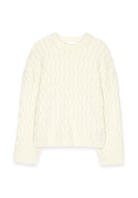 Maglione a trecce di colore bianco sporco; presenta un colletto rotondo e polsini e orlo a costine. Materiale morbido e testurizzato con una superficie a motivo.