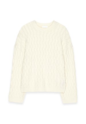 Kootud sviiter heleses värvitoonis; omab ümmargust kaelust ning soonikuid varruka- ja servaosas. Pehme, tekstuuriga materjal mustrilise pinnaga.