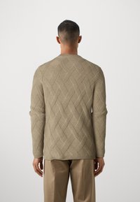 Pulover bej tricotat cu un model texturat în diagonală, guler rib și mâneci lungi, asortat cu pantaloni de culoare maro deschis.