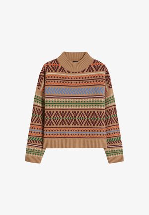 Maglione beige lavorato a maglia con un alto colletto a costine, caratterizzato da motivi geometrici multicolori in rosso, verde, blu e marrone. Polsini e orlo a costine.