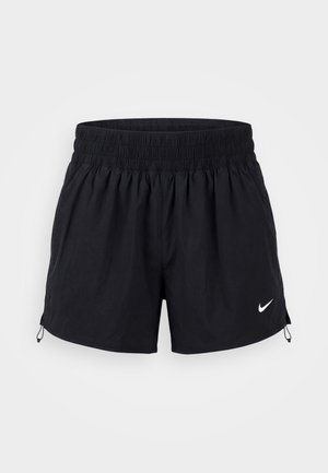 Black athletic shorts with elastic waistband, drawstrings on sides, and a white Nike swoosh logo on the right leg.