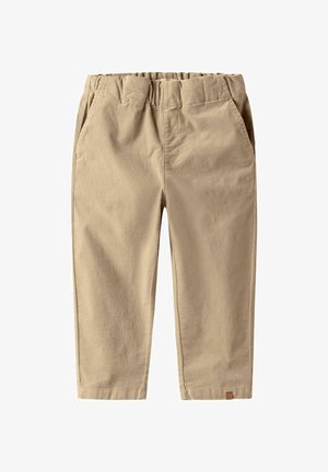 Beige småbarnsbukser med elastisk midjebånd, sidelommer og rette ben, laget av mykt bomullsstoff.