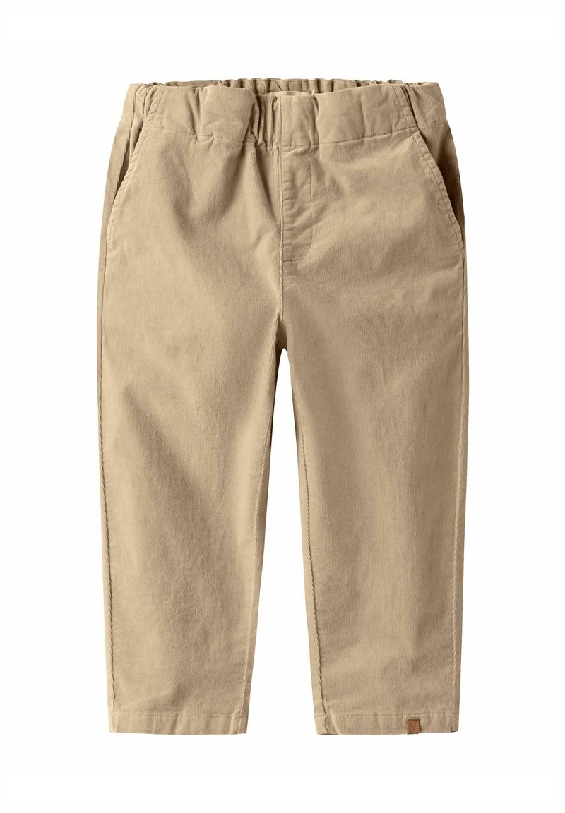 Beige Kleinkinderhose mit elastischem Bund, Seitentaschen und geraden Beinen, aus weichem Baumwollstoff gefertigt.