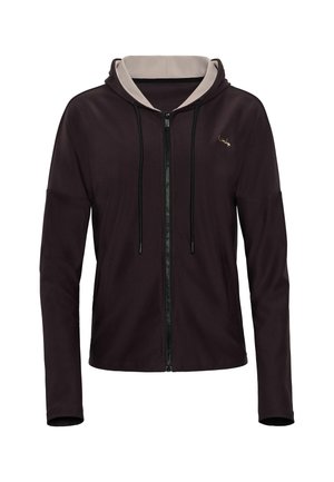 Black zip-up hoodie with beige inner hood lining, front pockets, drawstrings, and small gold logo on left chest.