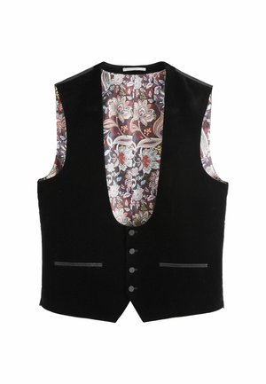 Musta liivi syvällä V-kaula-aukolla, jossa on värikäs kukkakuvioitu vuori ja viisi napin suljinta, sekä kaksi etutaskua.