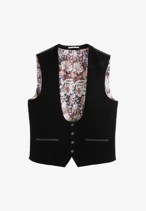 Must musträtikuga must müts, sügava V-dekolteega, millel on värviline lillemuster vooder ja viis nööpsi, kahe esimese taskuga.