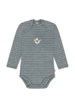 Long-sleeve gray striped baby bodysuit with snap fasteners, featuring an embroidered sheep design on the chest. Soft fabric texture.