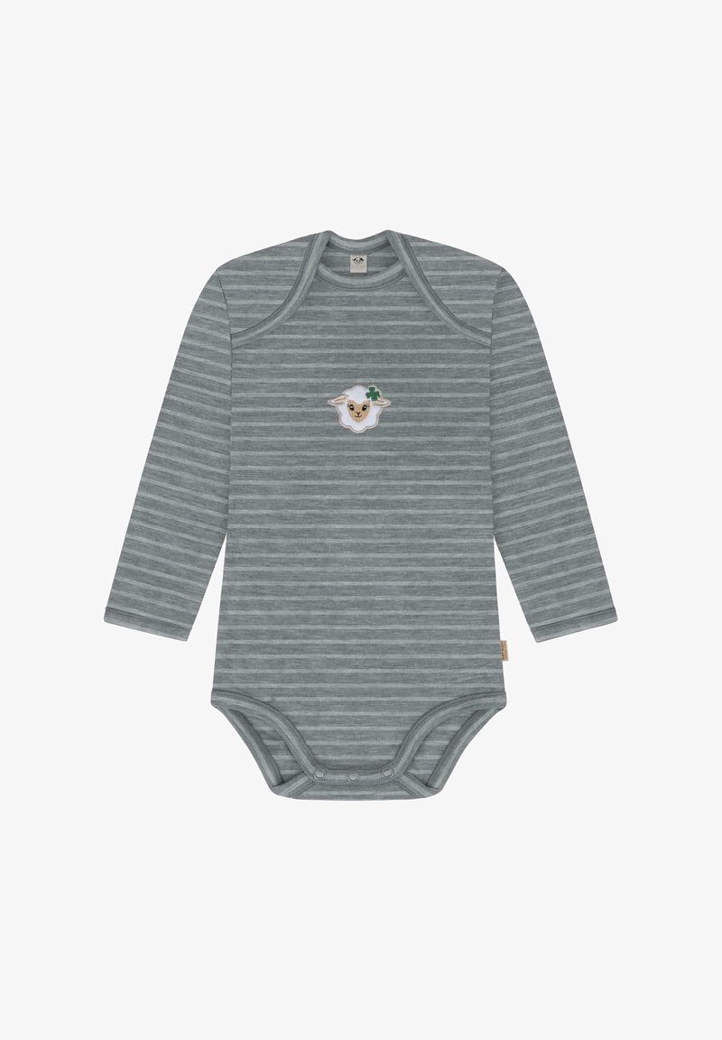 Langärmliger grauer gestreifter Baby-Body mit Druckknöpfen, der ein gesticktes Schafdesign auf der Brust aufweist. Weicher Stoff.