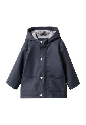 Imperméable à capuche bleu marine avec des boutons-pression blancs, deux poches avant et une doublure intérieure rayée visible dans la capuche.