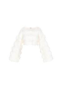 Weißer, gestrickter, taillierter Pullover mit breiten, fransigen Glockenärmel und strukturierten horizontalen Mustern über dem Körper und den Ärmeln.