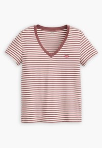 Striped V-neck t-shirt in white and rust red. Features short sleeves and a small Levi's logo on the left chest. Made from soft cotton material.