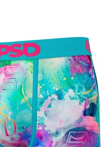 Boxers colorés pour hommes avec une ceinture turquoise. Ils présentent des motifs abstraits vibrants en rose, vert et bleu. Fabriqués en tissu doux et extensible.