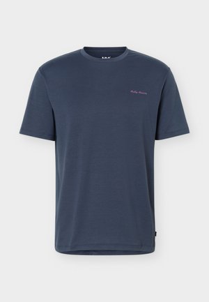 Navy blue short-sleeve crew neck T-shirt with small pink "Helly Hansen" logo on the upper left chest.