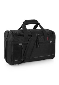 Bolsa de deporte negra hecha de un tejido duradero. Cuenta con dos compartimentos con cremalleras, correa para el hombro ajustable y un bolsillo frontal con acentos reflectantes.