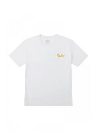 Camiseta de algodón blanca con un pequeño logo bordado en amarillo que dice "be Robin" en el área del pecho izquierdo. Mangas cortas y corte estándar.