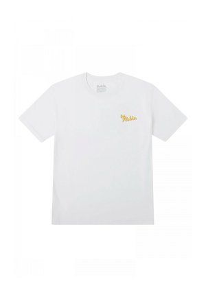 Camiseta de algodón blanca con un pequeño logo bordado en amarillo que dice "be Robin" en el área del pecho izquierdo. Mangas cortas y corte estándar.
