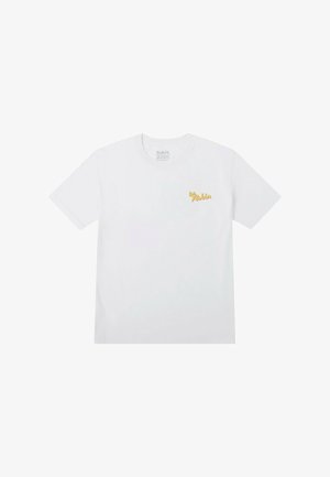 Camiseta de algodón blanca con un pequeño logo bordado en amarillo que dice "be Robin" en el área del pecho izquierdo. Mangas cortas y corte estándar.