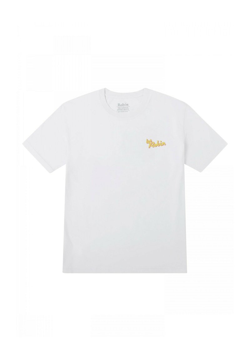 Camiseta de algodón blanca con un pequeño logo bordado en amarillo que dice "be Robin" en el área del pecho izquierdo. Mangas cortas y corte estándar.